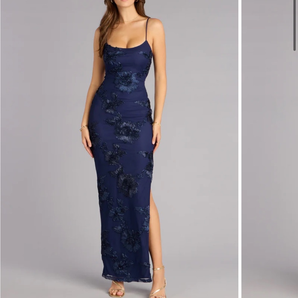 Windsor floral mesh high slit column dress lace back floor length